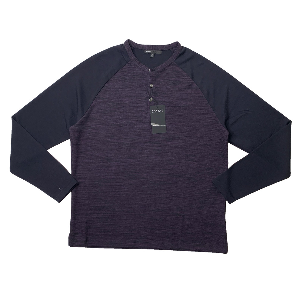Robert Barakett Shirt Men L Large Purple Navy Millwood Long Sleeve Saddle Henley
